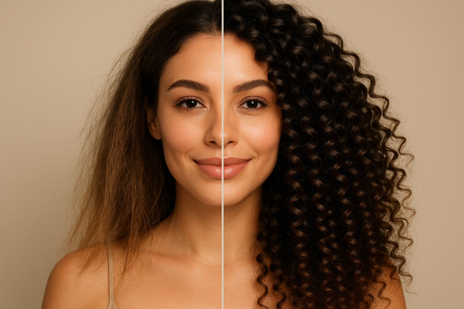 a beautifu women with dry hair to curly hair